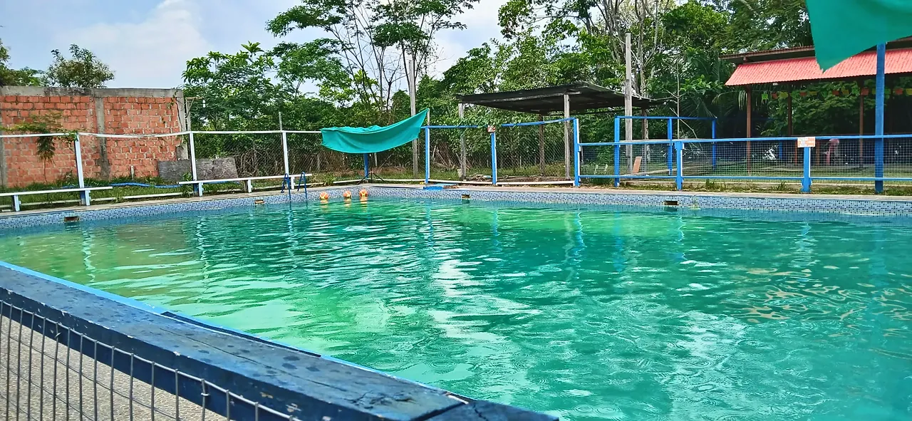 Vista de la piscina desde el borde, con pelotas flotando, barandas azules y la zona techada al fondo.